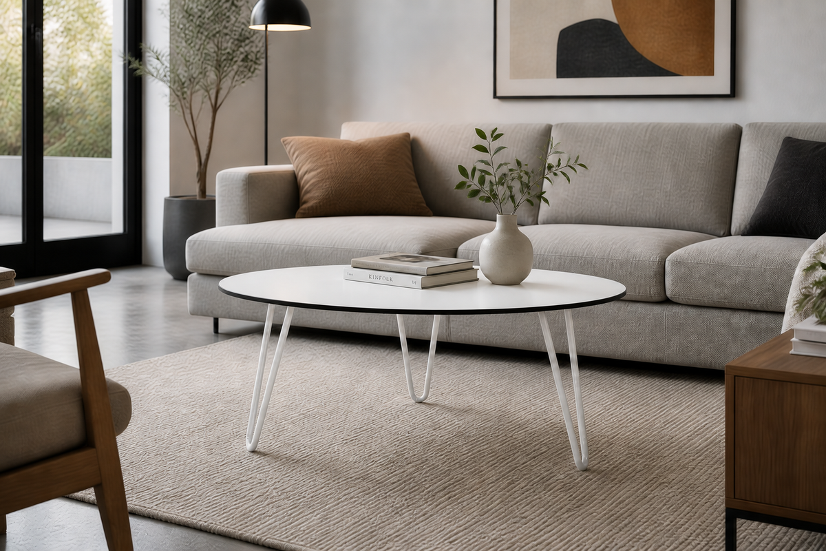 A modern living room scene featuring a light gray fabric sofa, a round white coffee table with white hairpin metal legs, a beige textured rug, and neutral-toned decor.